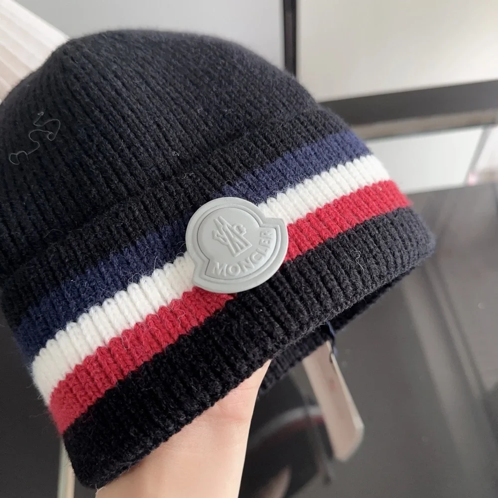 Moncler Kids Black Knit Beanie with Tricolor Stripe and Logo Badge